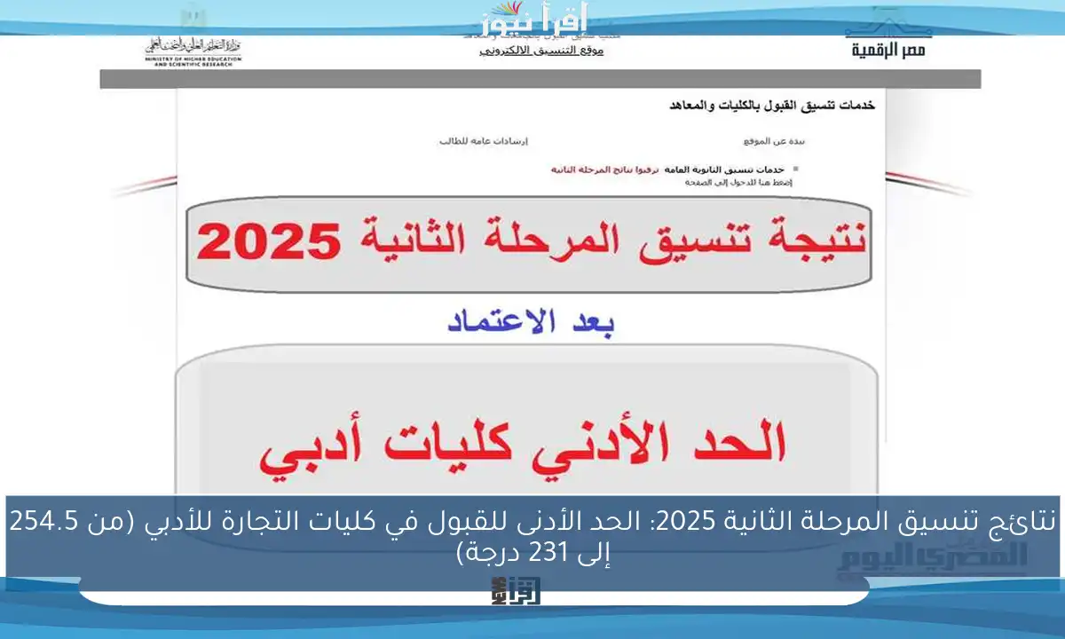 نتائج تنسيق المرحلة الثانية 2025: الحد الأدنى للقبول في كليات التجارة للأدبي (من 254.5 إلى 231 درجة)