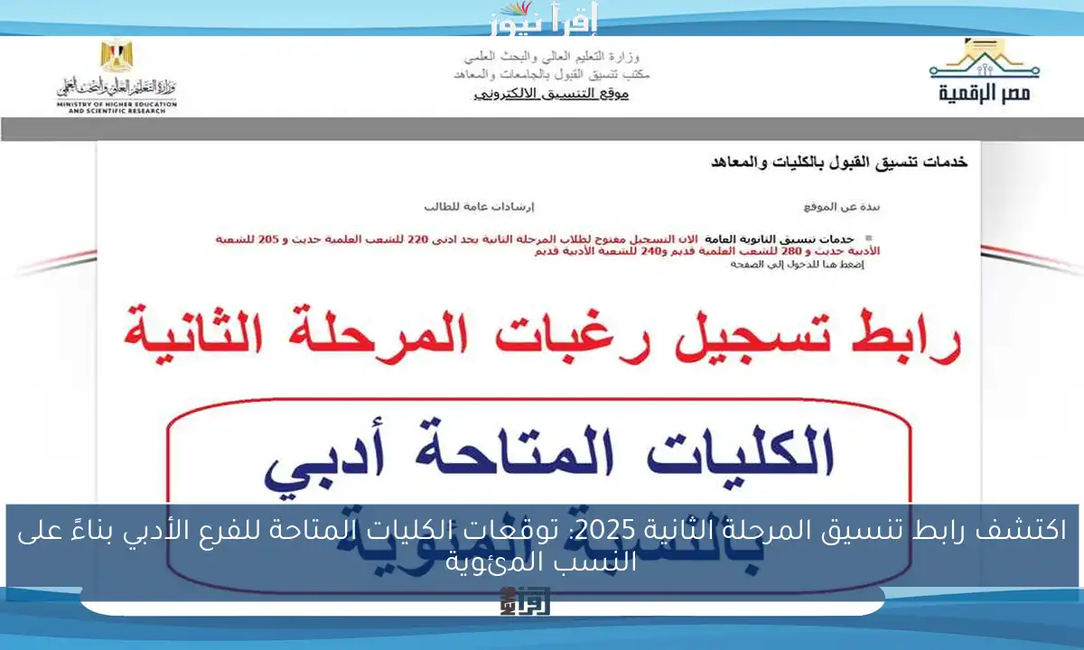 اكتشف رابط تنسيق المرحلة الثانية 2025: توقعات الكليات المتاحة للفرع الأدبي بناءً على النسب المئوية