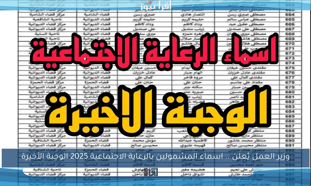 وزير العمل يٌعلن .. اسماء المشمولين بالرعاية الاجتماعية 2025 الوجبة الأخيرة