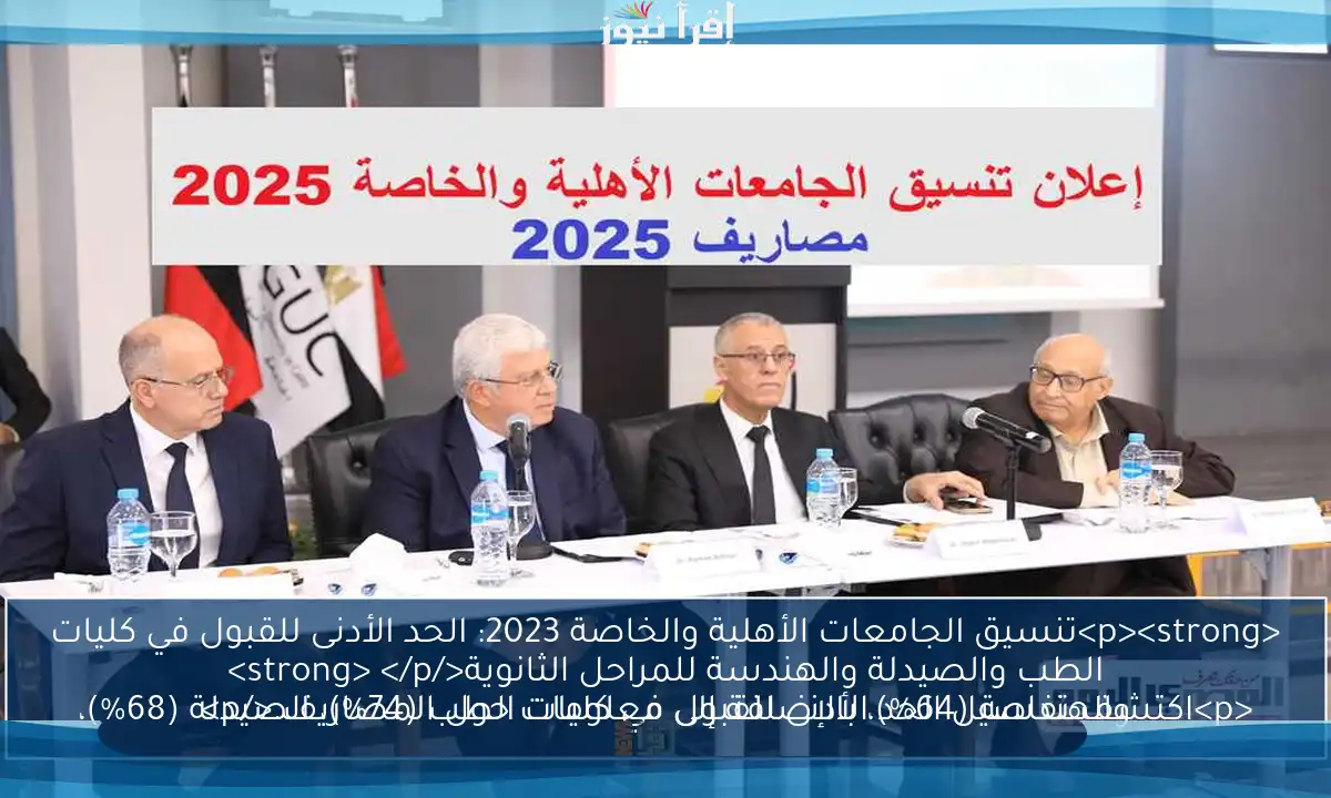 <p><strong>تنسيق الجامعات الأهلية والخاصة 2023: الحد الأدنى للقبول في كليات الطب والصيدلة والهندسة للمراحل الثانوية</strong> </p>
<p>اكتشف تفاصيل الحد الأدنى للقبول في كليات الطب (74%)، الصيدلة (68%)، والهندسة (64%)، بالإضافة إلى معلومات حول المصاريف.</p>