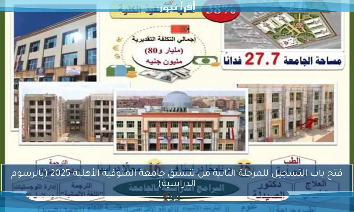 فتح باب التسجيل للمرحلة الثانية من تنسيق جامعة المنوفية الأهلية 2025 (بالرسوم الدراسية)