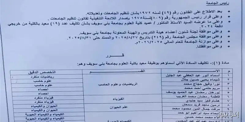 جامعة بني سويف تعلن تعيين 19 معيدًا جديدًا في كلية العلوم: تعرف على الأسماء!